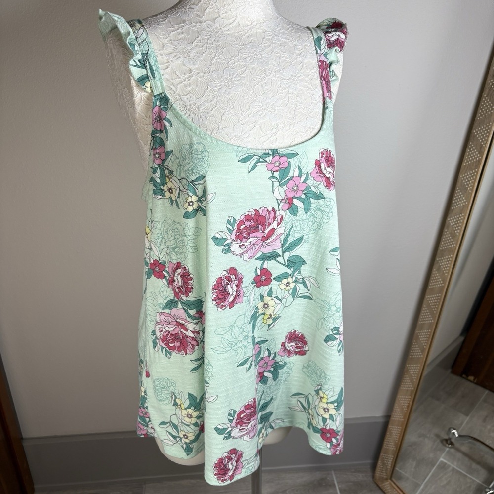 Torrid Womens Plus 2 Green Floral Tank Top Cottagecore Boho Ruffle Sleeve